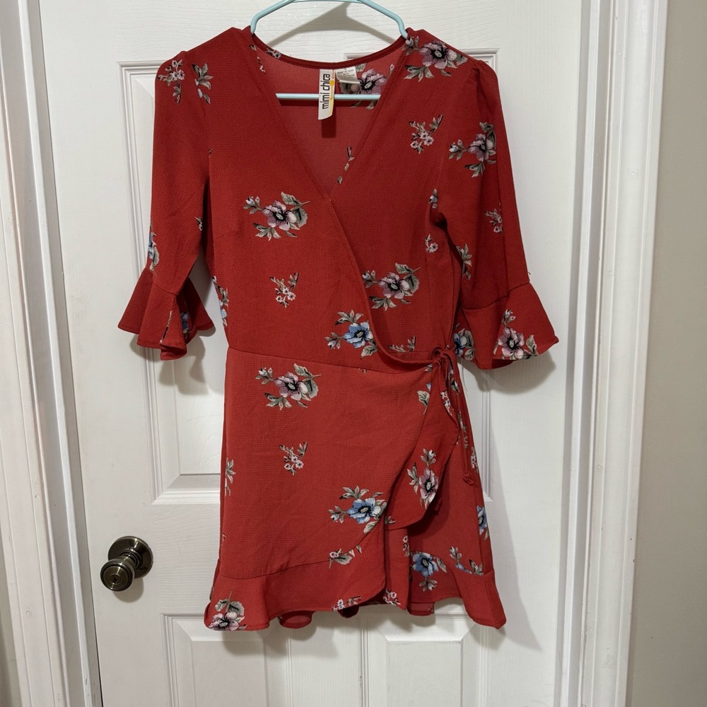 Mimi Chica Red Flutter Sleeve Wrap Blouse